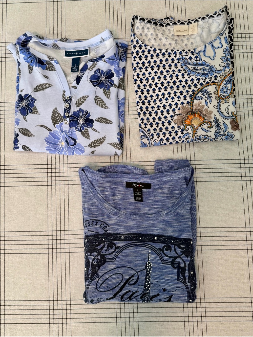 3 Pc Women’s Blue Top Bundle S / Chico’s 1 Floral Paris Karen Scott Style & Co